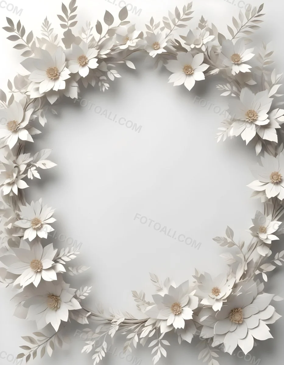 A White And Gold Ornate Frame With Floral Decorations Including White Flowers And Green Leaves Against A Light Blue Background 91 B209