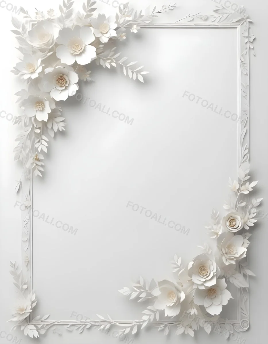 A White And Gold Ornate Frame With Floral Decorations Including White Flowers And Green Leaves Against A Light Blue Background 92 1b98