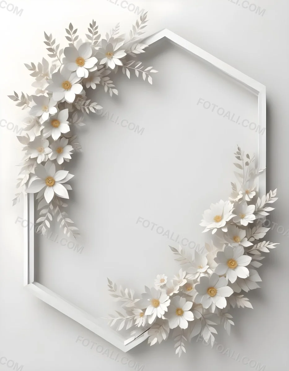 A White And Gold Ornate Frame With Floral Decorations Including White Flowers And Green Leaves Against A Light Blue Background 93 F691