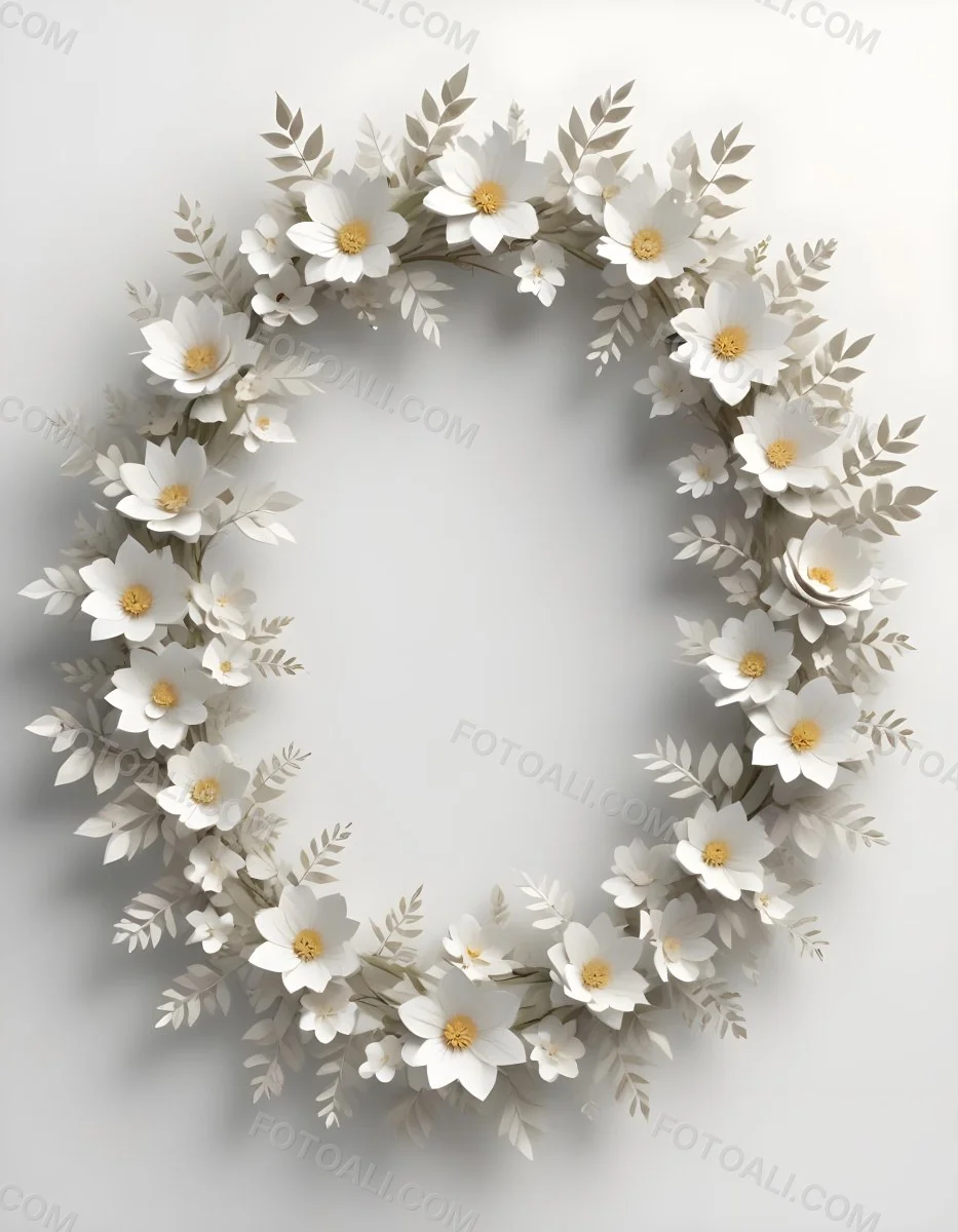 A White And Gold Ornate Frame With Floral Decorations Including White Flowers And Green Leaves Against A Light Blue Background 94 4a50