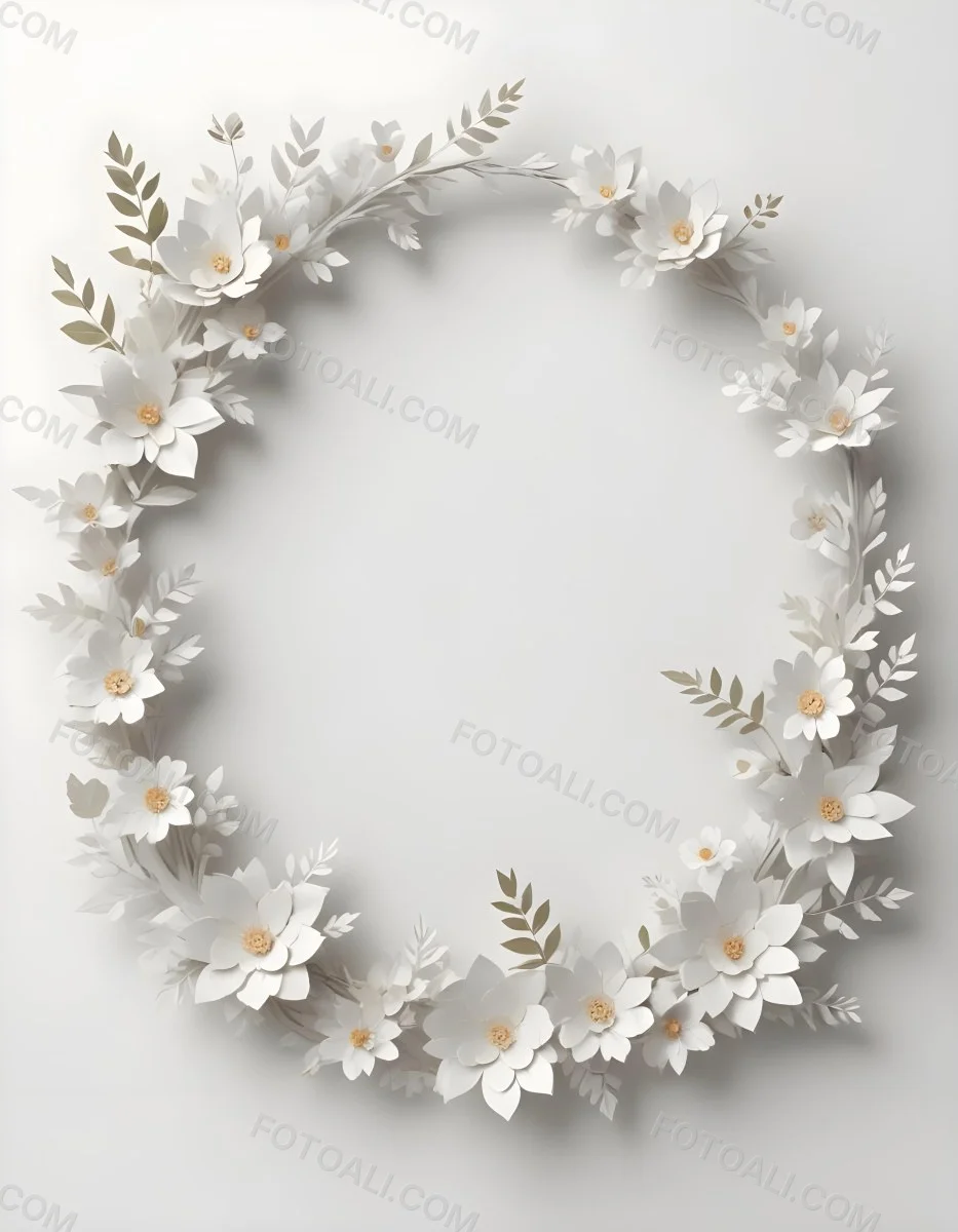 A White And Gold Ornate Frame With Floral Decorations Including White Flowers And Green Leaves Against A Light Blue Background 95 6e39