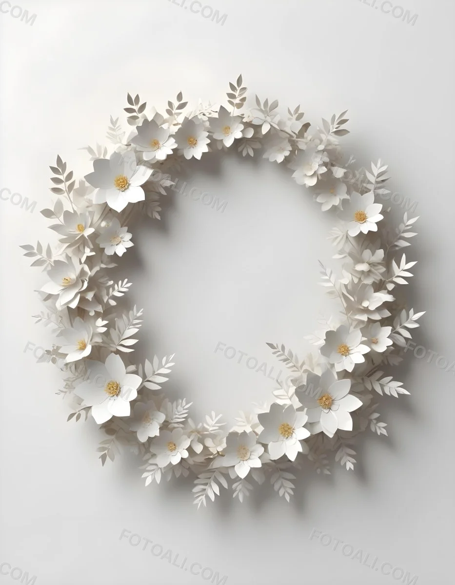A White And Gold Ornate Frame With Floral Decorations Including White Flowers And Green Leaves Against A Light Blue Background 96 B006