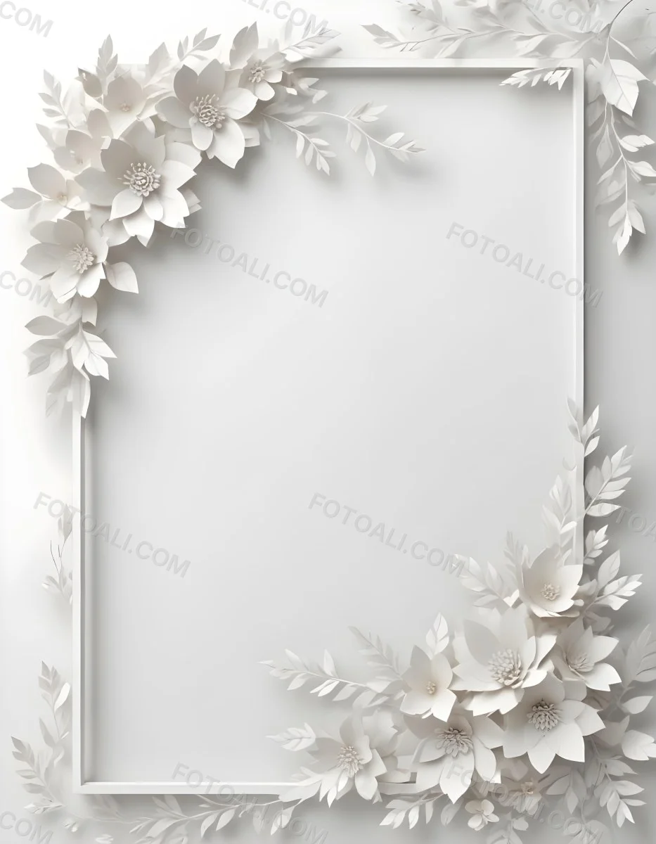 A White And Gold Ornate Frame With Floral Decorations Including White Flowers And Green Leaves Against A Light Blue Background 97 8a16