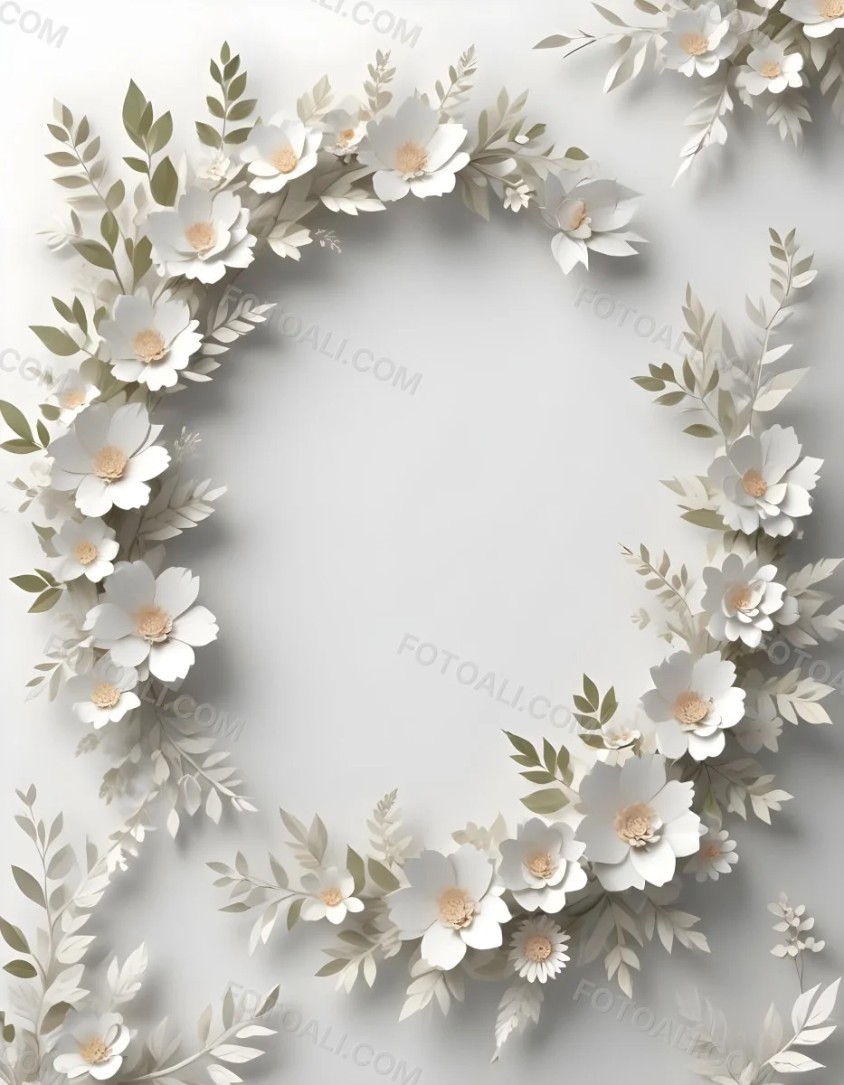 A White And Gold Ornate Frame With Floral Decorations Including White Flowers And Green Leaves Against A Light Blue Background 98 345d