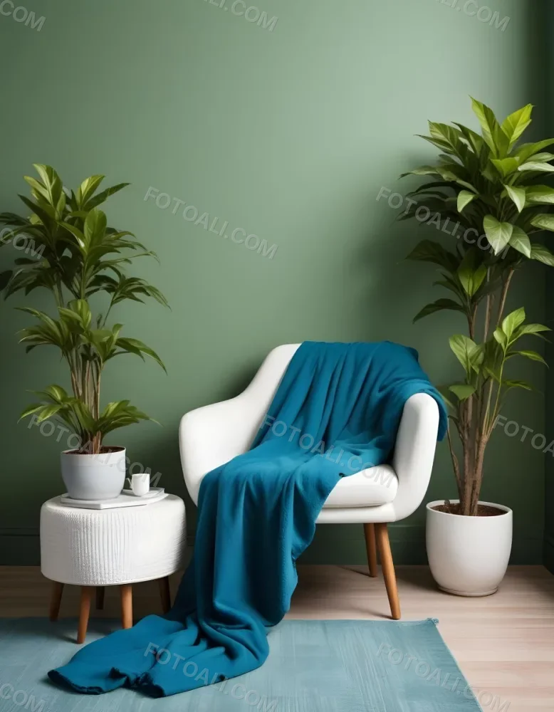 A White Armchair With A Blue Blanket Draped Over It A Small Side Table With A Potted Plant And A Blank White Frame On A Green Wall 10 0530