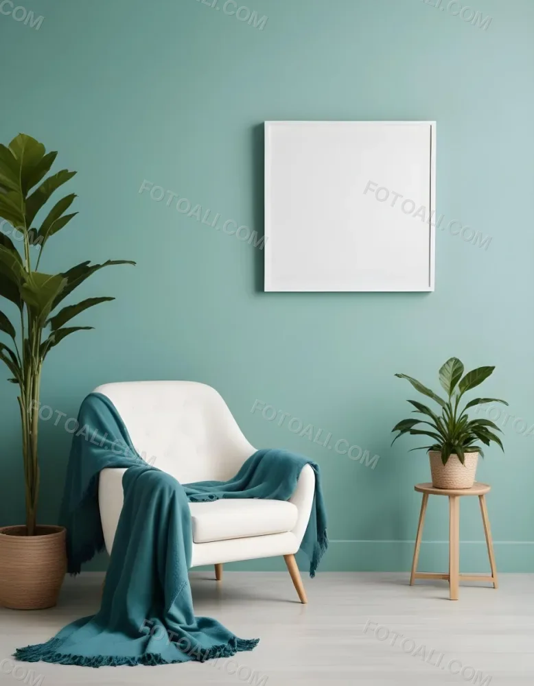 A White Armchair With A Blue Blanket Draped Over It A Small Side Table With A Potted Plant And A Blank White Frame On A Green Wall 20 4e0e
