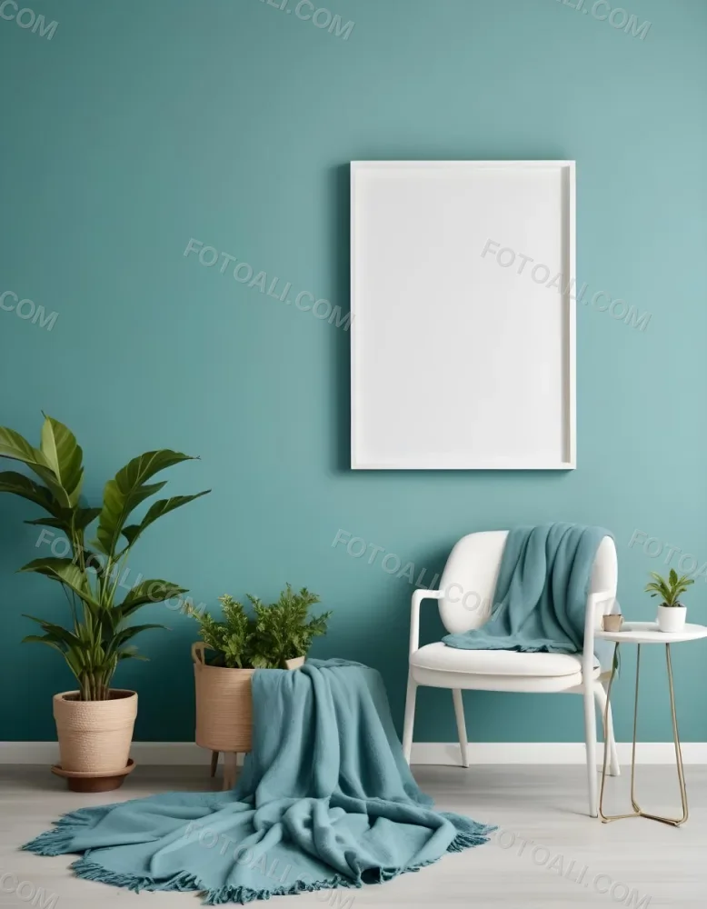 A White Armchair With A Blue Blanket Draped Over It A Small Side Table With A Potted Plant And A Blank White Frame On A Green Wall 3 E25b