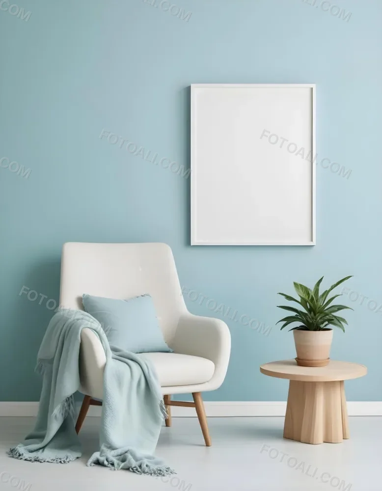 A White Armchair With A Blue Blanket Draped Over It A Small Side Table With A Potted Plant And A Blank White Frame On A Green Wall 4 C04e
