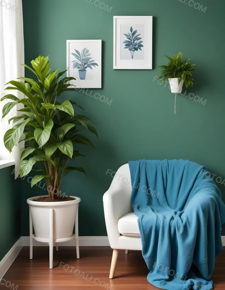 A White Armchair With A Blue Blanket Draped Over It A Small Side Table With A Potted Plant And A Blank White Frame On A Green Wall 5 C78a