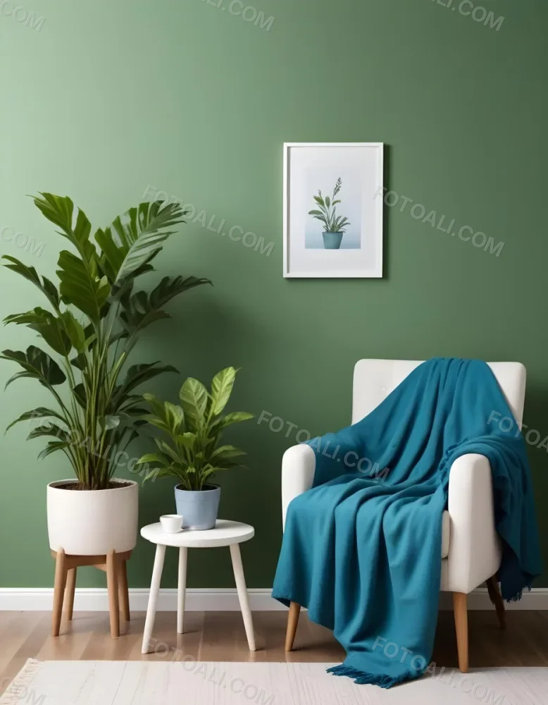 A White Armchair With A Blue Blanket Draped Over It A Small Side Table With A Potted Plant And A Blank White Frame On A Green Wall 6 C840