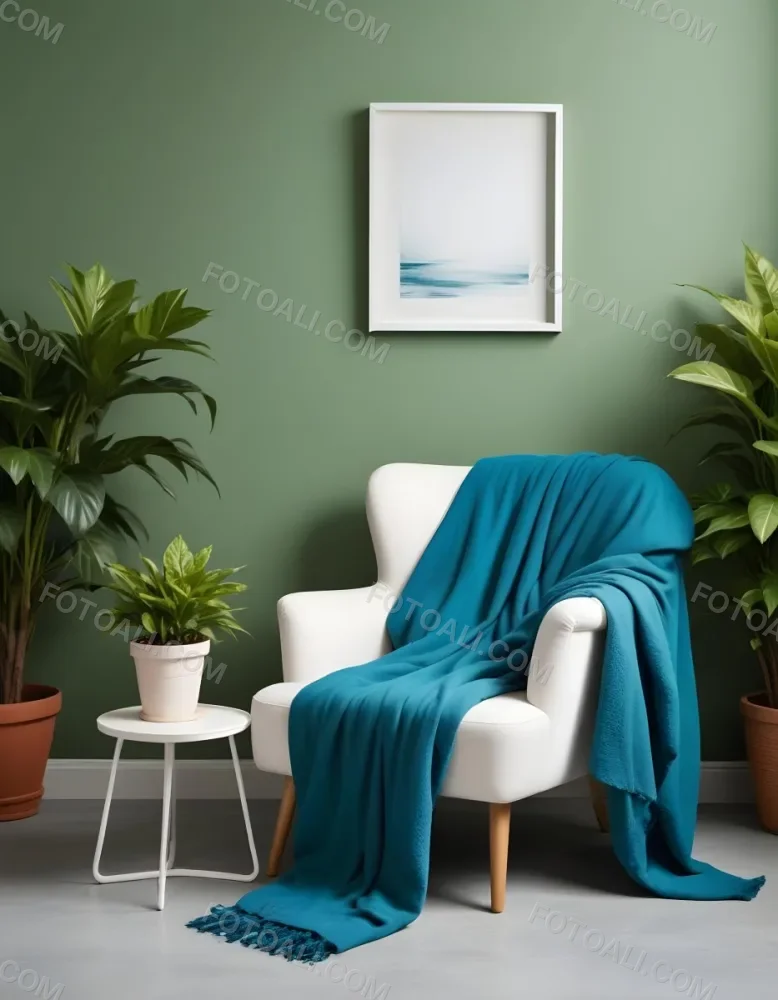 A White Armchair With A Blue Blanket Draped Over It A Small Side Table With A Potted Plant And A Blank White Frame On A Green Wall 7 F0d2