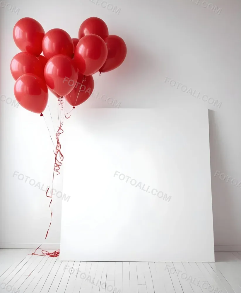 A White Blank Canvas With Red Balloons Floating Above It Against A Plain White Wall Background 1 5ab0