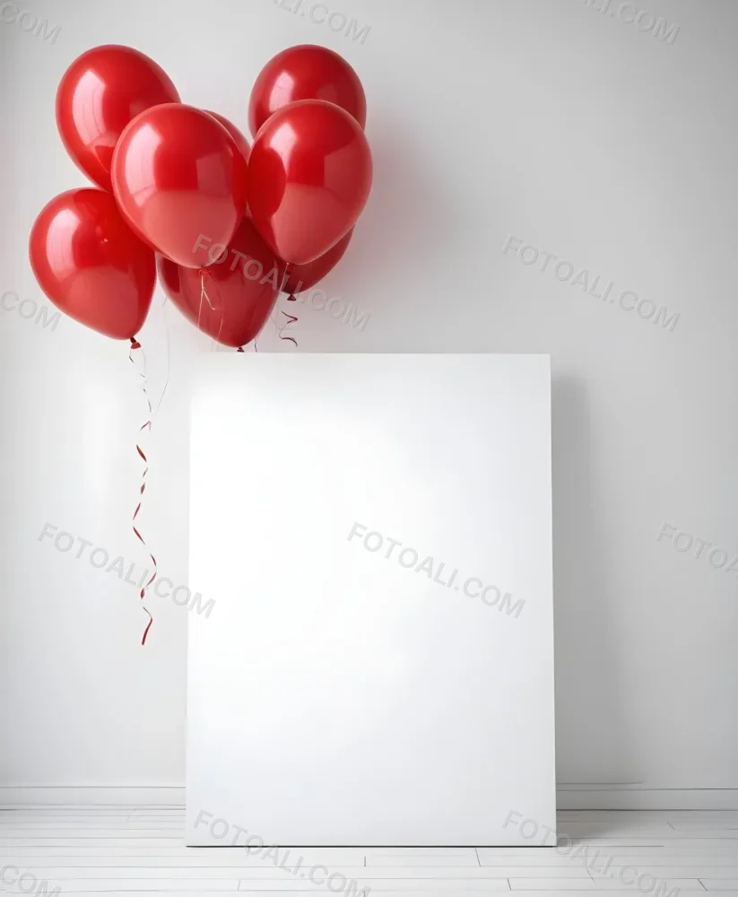A White Blank Canvas With Red Balloons Floating Above It Against A Plain White Wall Background 3 5244