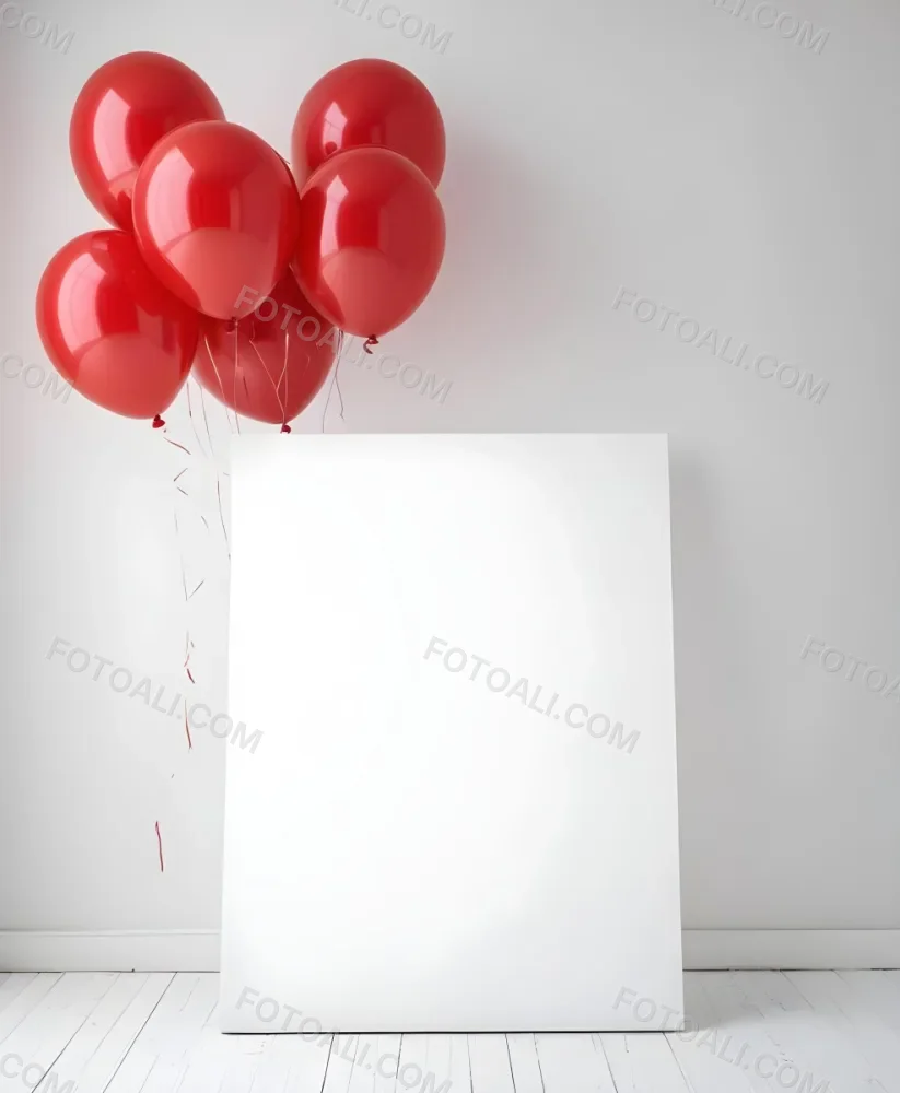 A White Blank Canvas With Red Balloons Floating Above It Against A Plain White Wall Background 4 1906