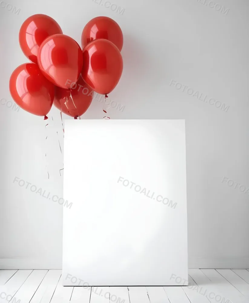 A White Blank Canvas With Red Balloons Floating Above It Against A Plain White Wall Background 6 C464