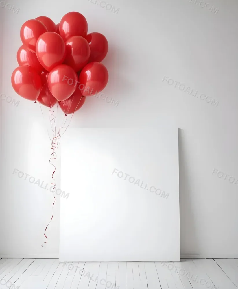 A White Blank Canvas With Red Balloons Floating Above It Against A Plain White Wall Background 8 1263