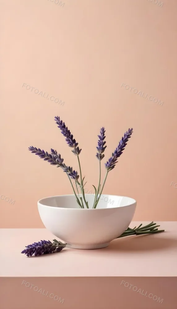 A White Ceramic Bowl With A Sprig Of Lavender On A Peach Colored Background Minimalist Composition Soft Lighting Clean Aesthetic Product Photography Product Shot 12 E168