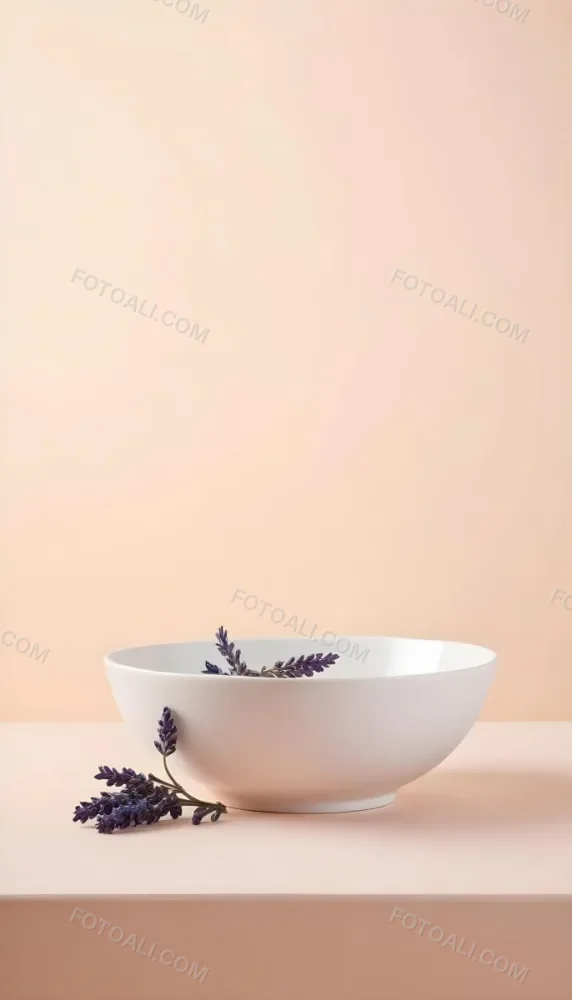 A White Ceramic Bowl With A Sprig Of Lavender On A Peach Colored Background Minimalist Composition Soft Lighting Clean Aesthetic Product Photography Product Shot 13 9b1a