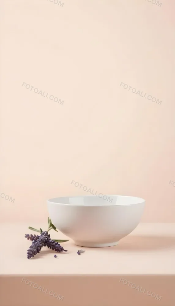 A White Ceramic Bowl With A Sprig Of Lavender On A Peach Colored Background Minimalist Composition Soft Lighting Clean Aesthetic Product Photography Product Shot 17 Feca