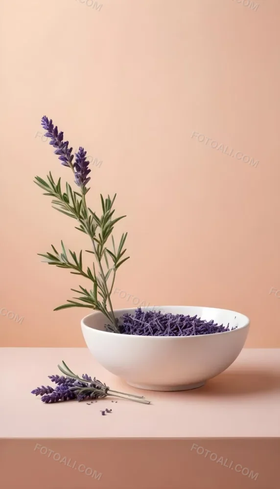 A White Ceramic Bowl With A Sprig Of Lavender On A Peach Colored Background Minimalist Composition Soft Lighting Clean Aesthetic Product Photography Product Shot 18 9292
