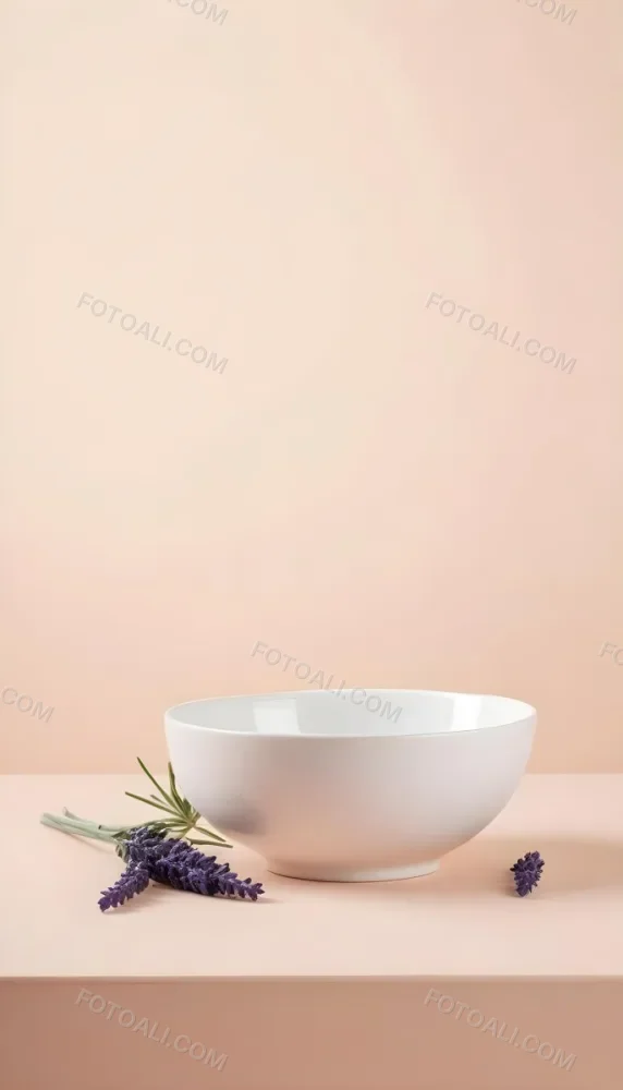 A White Ceramic Bowl With A Sprig Of Lavender On A Peach Colored Background Minimalist Composition Soft Lighting Clean Aesthetic Product Photography Product Shot 19 471b