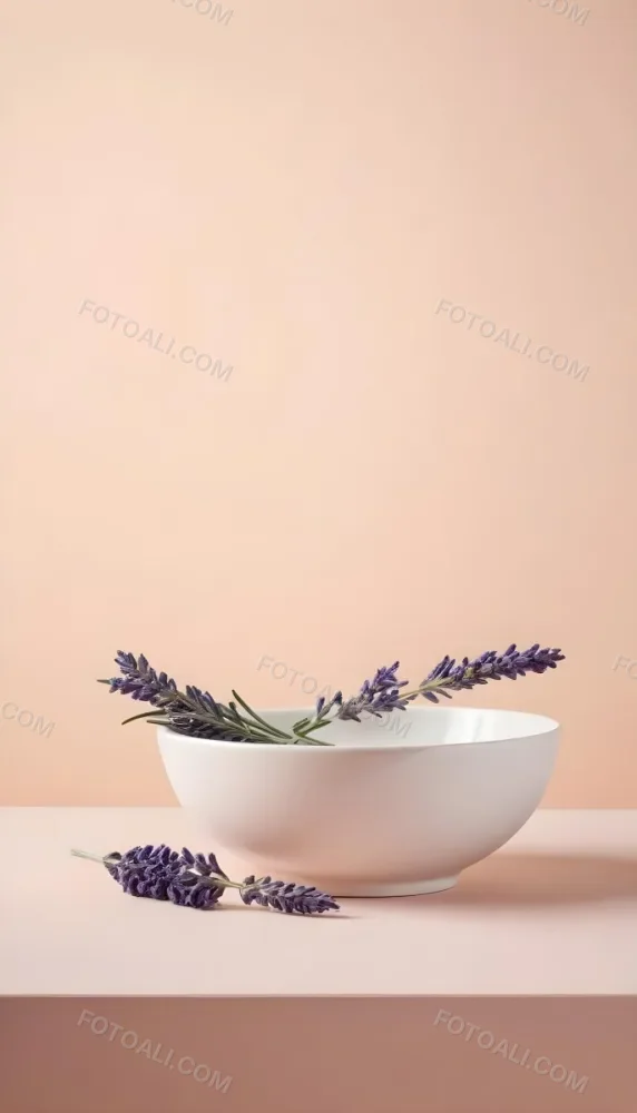 A White Ceramic Bowl With A Sprig Of Lavender On A Peach Colored Background Minimalist Composition Soft Lighting Clean Aesthetic Product Photography Product Shot 2 C1ca