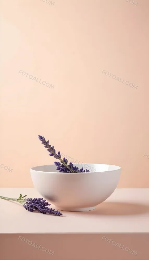 A White Ceramic Bowl With A Sprig Of Lavender On A Peach Colored Background Minimalist Composition Soft Lighting Clean Aesthetic Product Photography Product Shot 3 3c24