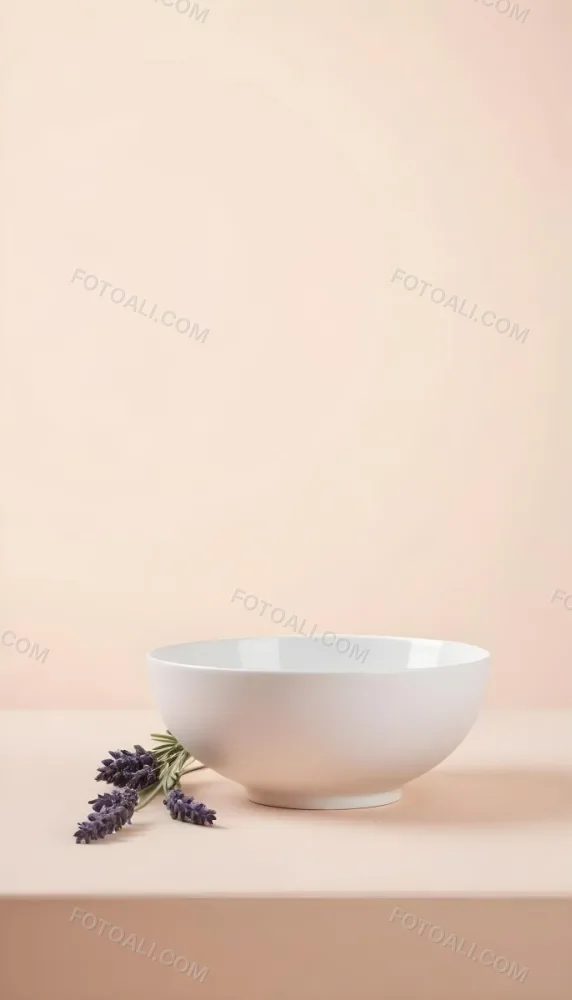 A White Ceramic Bowl With A Sprig Of Lavender On A Peach Colored Background Minimalist Composition Soft Lighting Clean Aesthetic Product Photography Product Shot 4 F24e