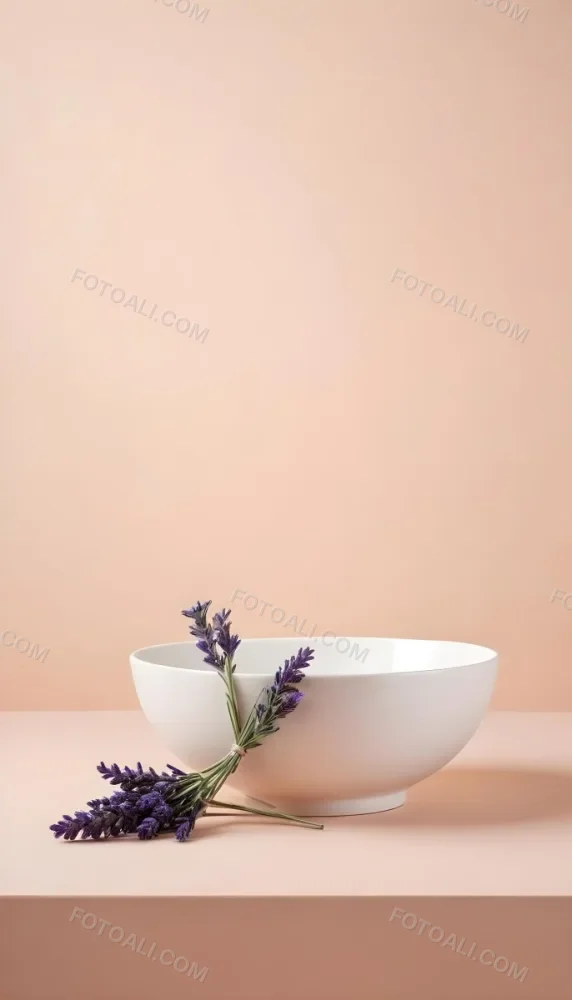 A White Ceramic Bowl With A Sprig Of Lavender On A Peach Colored Background Minimalist Composition Soft Lighting Clean Aesthetic Product Photography Product Shot 5 23a7