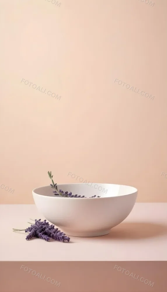 A White Ceramic Bowl With A Sprig Of Lavender On A Peach Colored Background Minimalist Composition Soft Lighting Clean Aesthetic Product Photography Product Shot 7 A155
