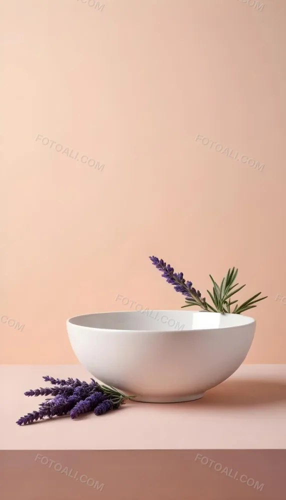 A White Ceramic Bowl With A Sprig Of Lavender On A Peach Colored Background Minimalist Composition Soft Lighting Clean Aesthetic Product Photography Product Shot 8 Dec6
