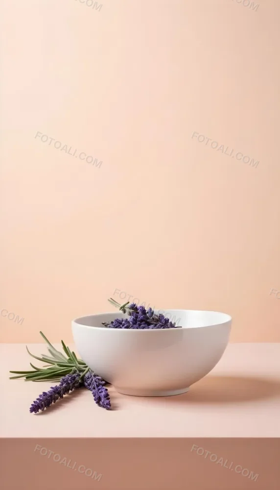 A White Ceramic Bowl With A Sprig Of Lavender On A Peach Colored Background Minimalist Composition Soft Lighting Clean Aesthetic Product Photography Product Shot 9 667c