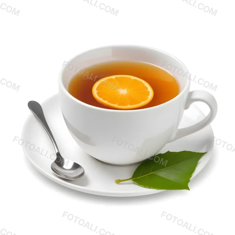 A White Ceramic Cup Filled With Orange Tea Garnished With A Slice Of Orange And Green Leaves Placed On A White Saucer With A Spoon 2 D9c2