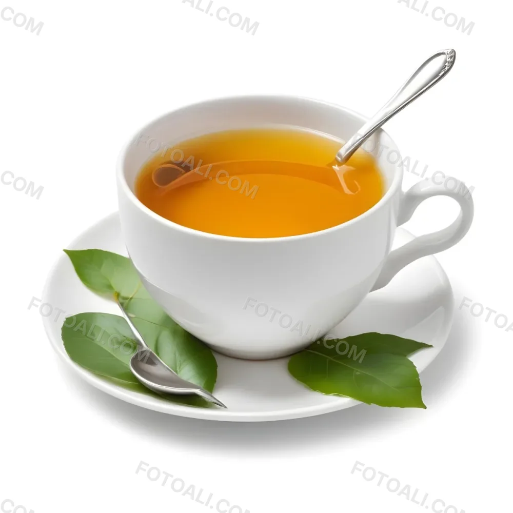 A White Ceramic Cup Filled With Orange Tea Garnished With A Slice Of Orange And Green Leaves Placed On A White Saucer With A Spoon 29 D968