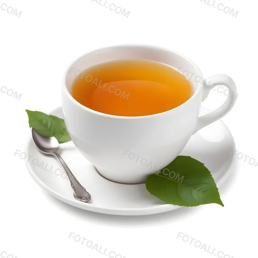 A White Ceramic Cup Filled With Orange Tea Garnished With A Slice Of Orange And Green Leaves Placed On A White Saucer With A Spoon 36 98fa