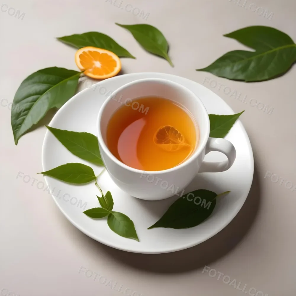 A White Ceramic Cup Filled With Orange Tea Garnished With A Slice Of Orange And Green Leaves Placed On A White Saucer With A Spoon 37 8446