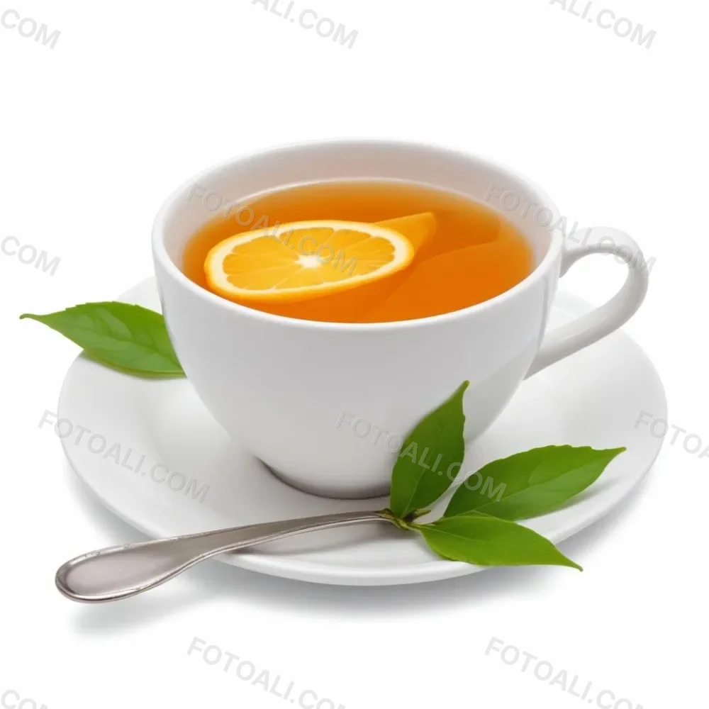 A White Ceramic Cup Filled With Orange Tea Garnished With A Slice Of Orange And Green Leaves Placed On A White Saucer With A Spoon 39 3ba8
