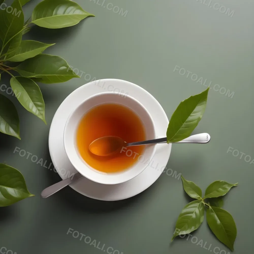 A White Ceramic Cup Filled With Orange Tea Garnished With A Slice Of Orange And Green Leaves Placed On A White Saucer With A Spoon 41 685d