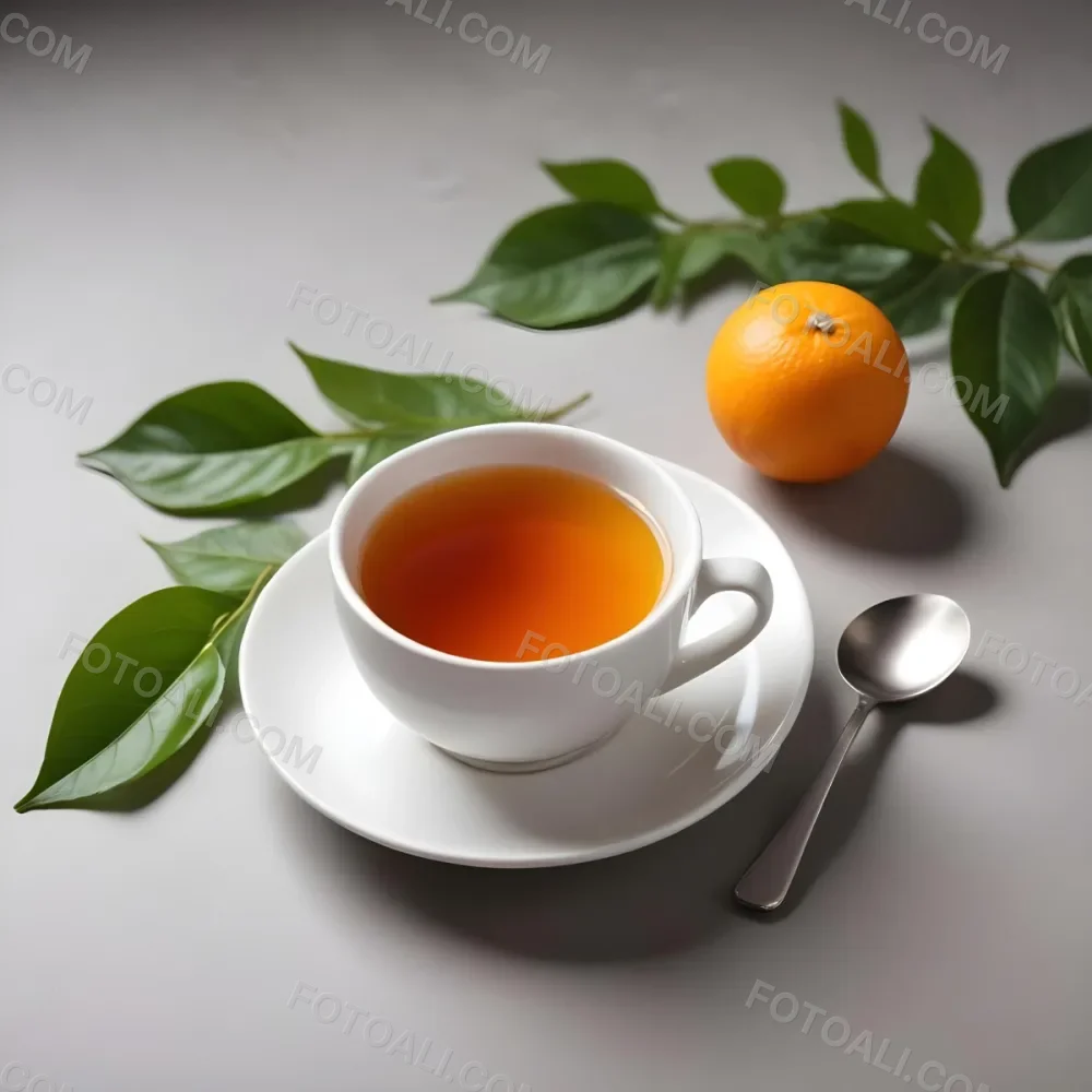 A White Ceramic Cup Filled With Orange Tea Garnished With A Slice Of Orange And Green Leaves Placed On A White Saucer With A Spoon 42 B431