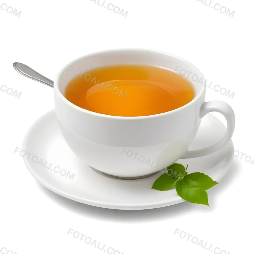 A White Ceramic Cup Filled With Orange Tea Garnished With A Slice Of Orange And Green Leaves Placed On A White Saucer With A Spoon 5 D2b2