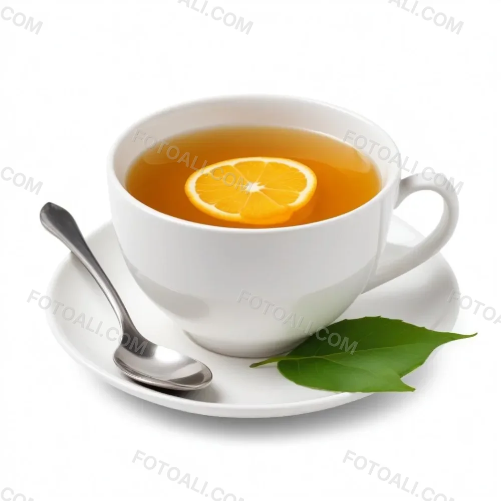 A White Ceramic Cup Filled With Orange Tea Garnished With A Slice Of Orange And Green Leaves Placed On A White Saucer With A Spoon 6 A40e