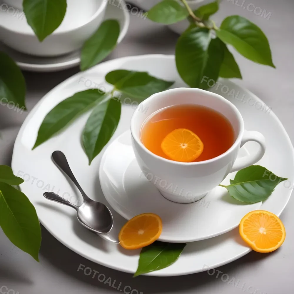 A White Ceramic Cup Filled With Orange Tea Garnished With A Slice Of Orange And Green Leaves Placed On A White Saucer With A Spoon 7 70ee