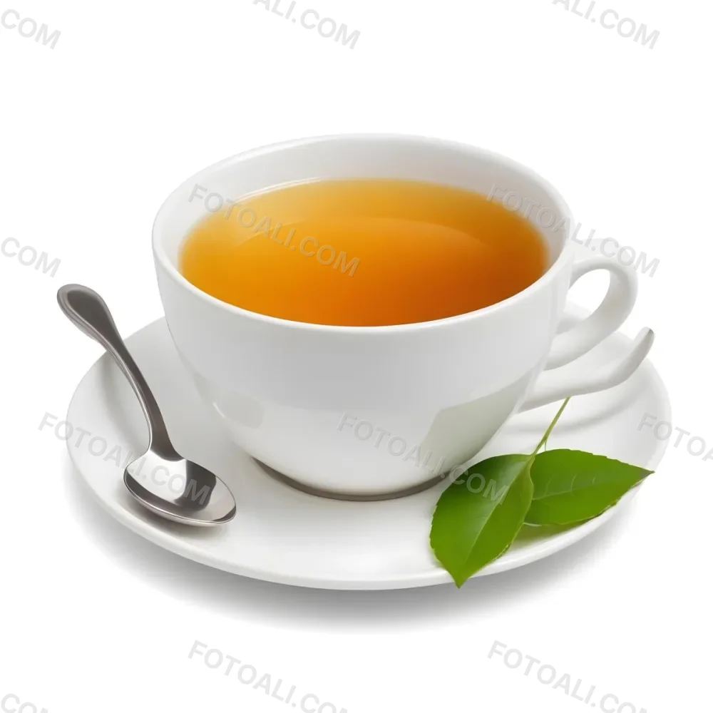 A White Ceramic Cup Filled With Orange Tea Garnished With A Slice Of Orange And Green Leaves Placed On A White Saucer With A Spoon 8 Fb53