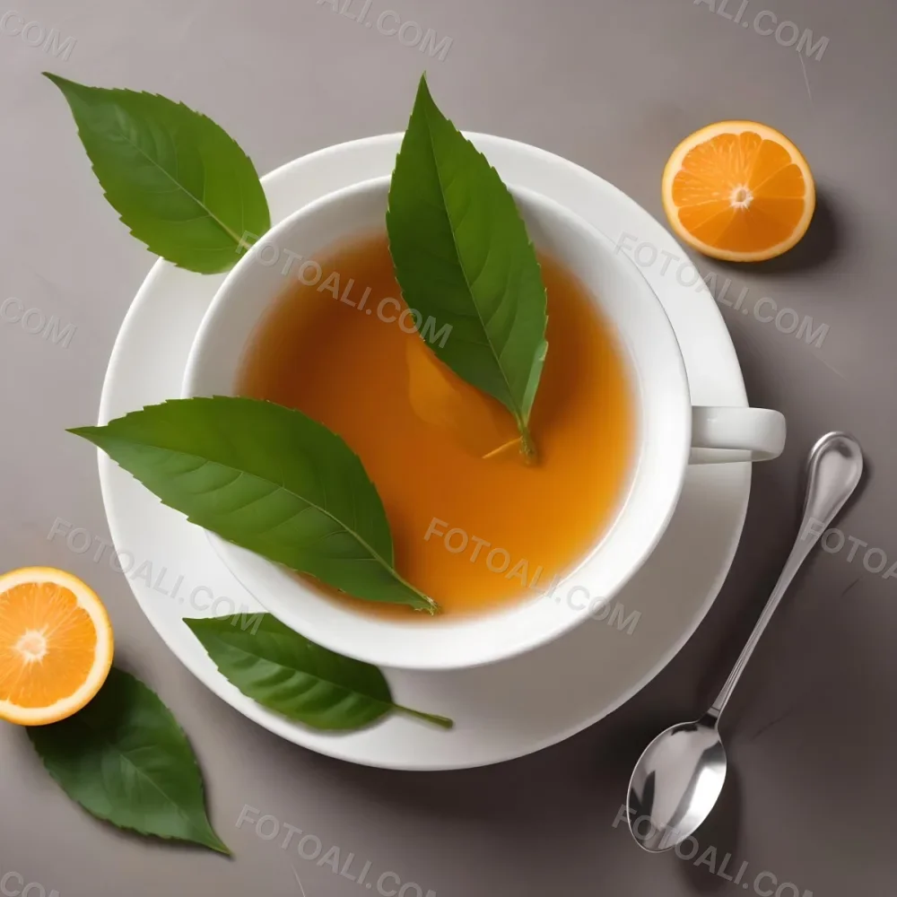 A White Ceramic Cup Filled With Orange Tea Garnished With A Slice Of Orange And Green Leaves Placed On A White Saucer With A Spoon 9 7220