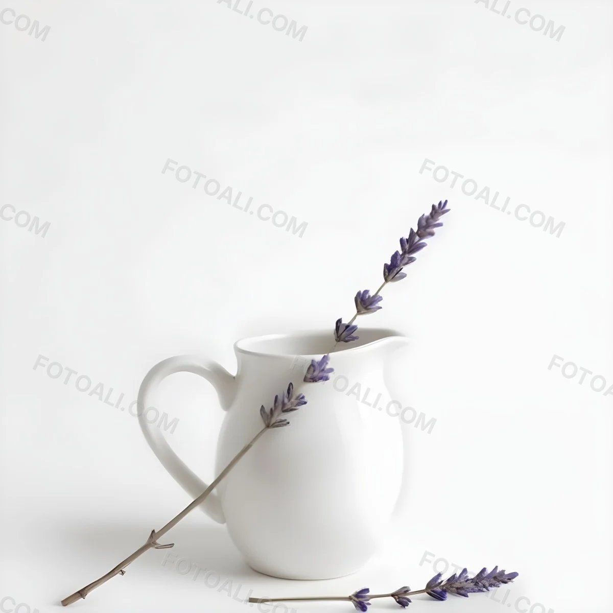 A White Ceramic Pitcher With A Sprig Of Lavender In It Another Sprig Of Lavender Is Lying On The White Surface 2 Cbae