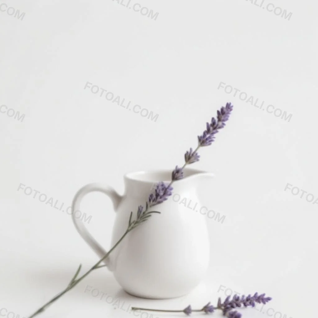 A White Ceramic Pitcher With A Sprig Of Lavender In It Another Sprig Of Lavender Is Lying On The White Surface 34 Eb1e