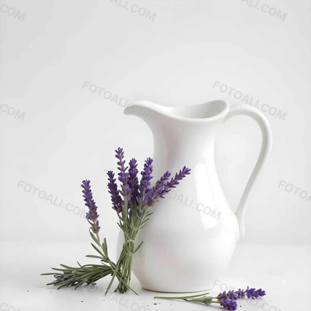 A White Ceramic Pitcher With A Sprig Of Lavender In It Another Sprig Of Lavender Is Lying On The White Surface 4 8da7