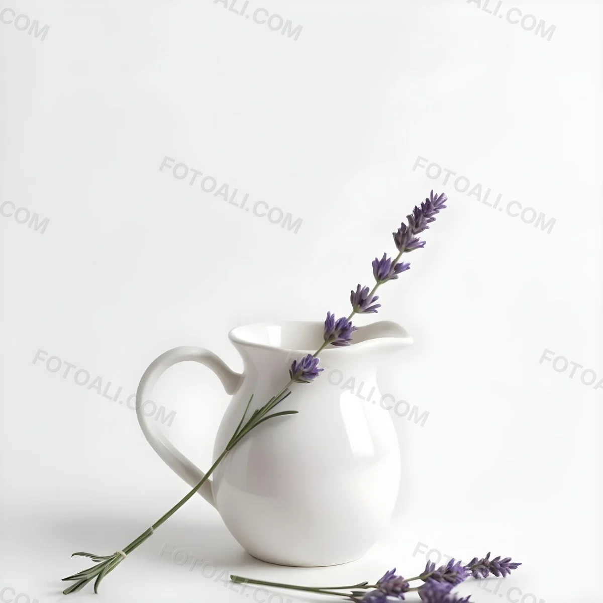 A White Ceramic Pitcher With A Sprig Of Lavender In It Another Sprig Of Lavender Is Lying On The White Surface 9 2d3c