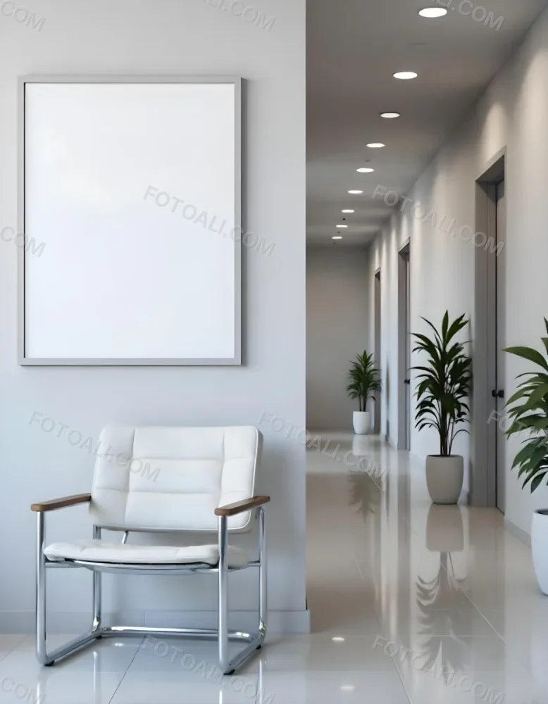 A White Chair Under A Blank Poster In A Long Corridor With Doors And Plants The Floor Is Shiny 1 Beb0