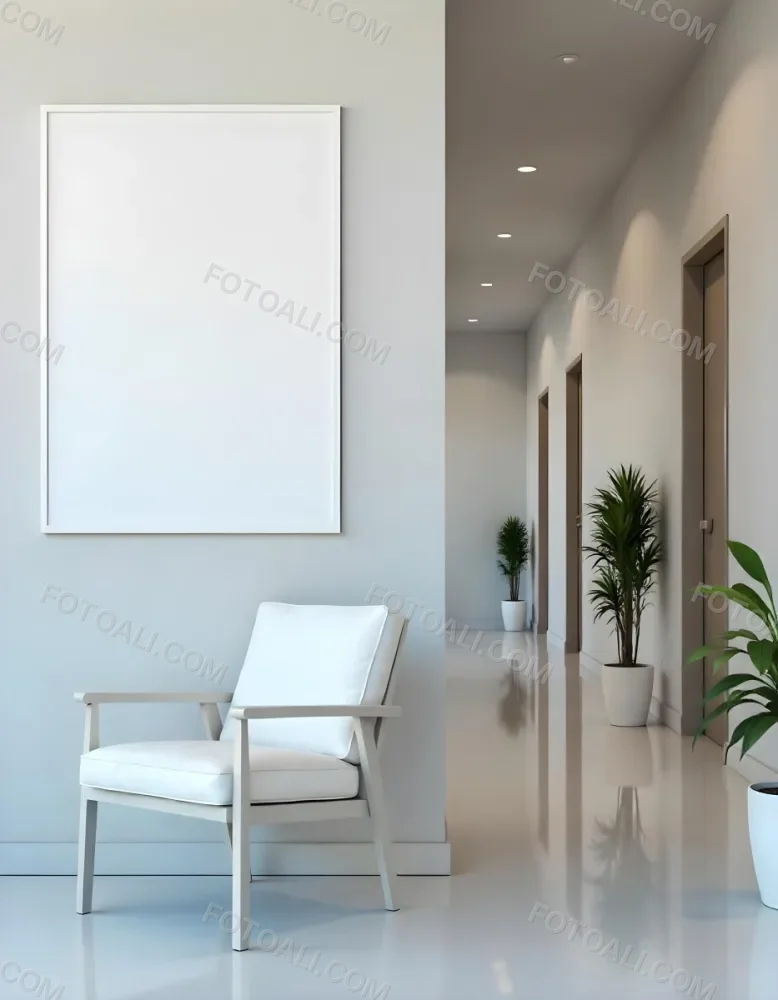 A White Chair Under A Blank Poster In A Long Corridor With Doors And Plants The Floor Is Shiny 14 0c60